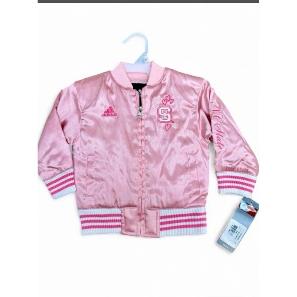 NWT Adidas NC State Wolfpack Toddler Pink Satin Bomber Jacket Varsity Coat 24M